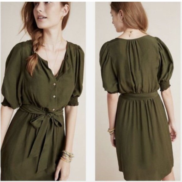 Anthropologie Nicole Linen Blend Green Puff Sleeve Shirt Dress - Picture 1 of 11